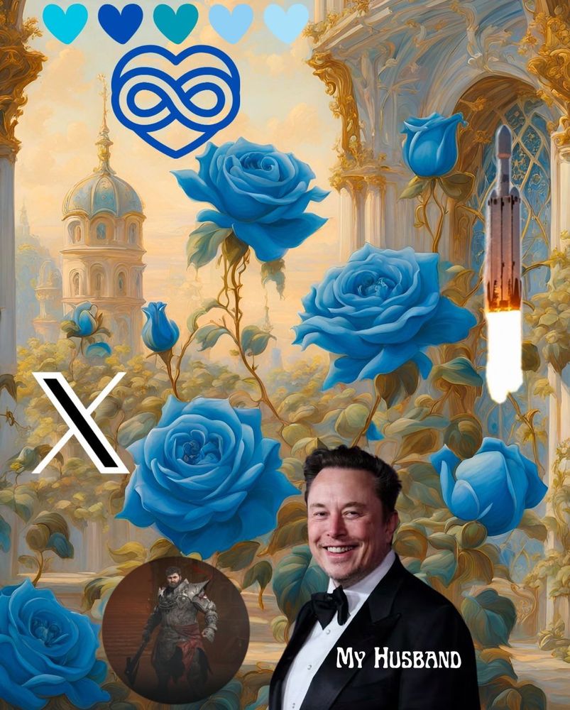 Alt text:
A surreal collage set against an AI-generated fantasy-style background of grand, cathedral-like architecture and blooming blue roses. At the top are six heart emojis in different shades of blue, followed by a stylised blue infinity-heart symbol. A SpaceX rocket launches on the right, trailing fire. The X logo is placed on the left. At the bottom right, Elon Musk is smiling in a tuxedo, labelled “My Husband.” A circular insert at the bottom left shows a medieval warrior from a game or fantasy setting, holding a weapon. The overall vibe is chaotic devotion meets sci-fi fantasy fever dream.