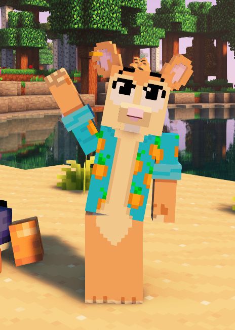 Minecraft screenshot showing a cartoon squirrel wearing a cyan shirt with pineapple print. He is waving at the camera.