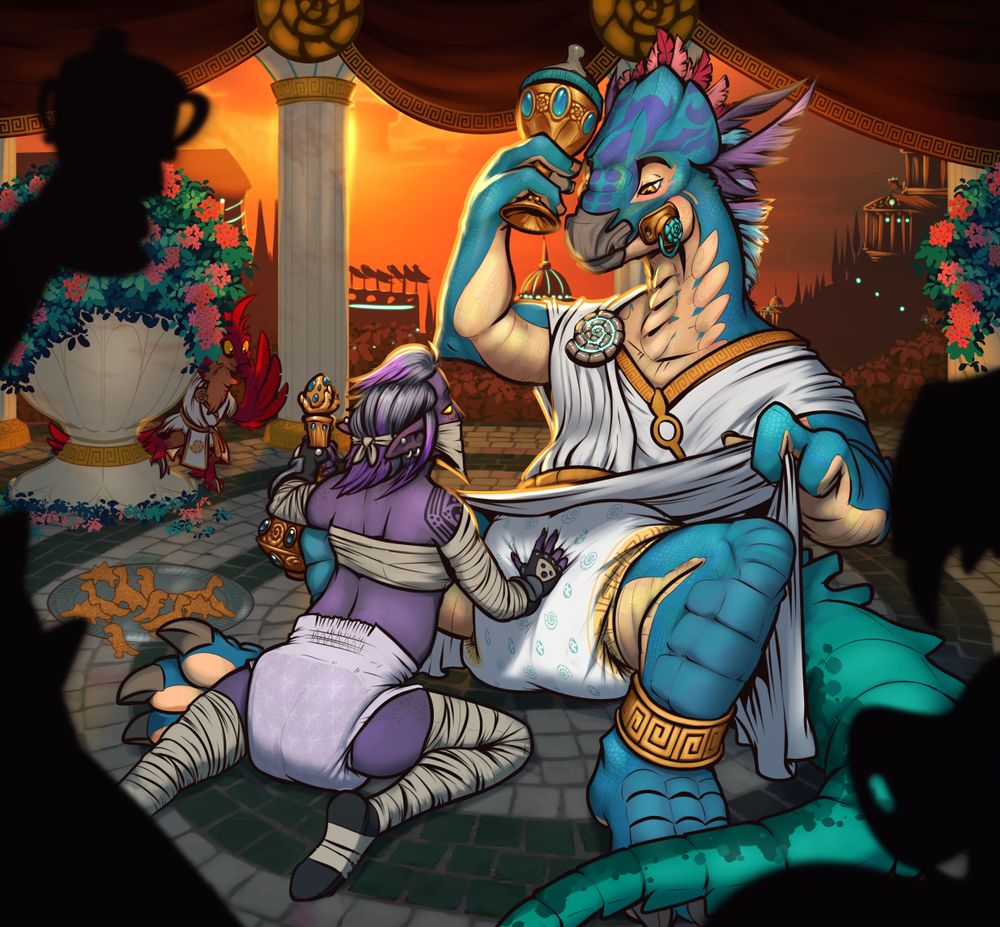 A coloured and shaded picture featuring Senator Shrix (a large herbivorous dinosaur anthro with blue and pale yellow scales and purple/pink feathers) from KeyForge. Shrix is sitting in an ornate greco-roman building with marble pillars overlooking a similarly ornate city silhouetted at sunset. She is sat on a tiled floor with green and white tiles in a spiral pattern, similar to the common golden spiral motif in the decorations and outfits. 

She is sitting with one hand holding a golden goblet with an oversized baby bottle top, in apparent toast, with a matching pacifier in her mouth. Her other hand is holding up the hem of her toga to reveal a diaper with a yellow border and teal egg and shell print. 

A purple-skinned Svarr Elf from house Shadows is kneeling between her knees and groping the front of her diaper and holding an overly detailed wine decanter in the other hand. The elf is also diapered, the print a pale purple with a repeating pattern across it. They have bandages wrapped around their arms, chest and legs, and a bandana around the lower half of their face, as well as fingerless gloves. 

A small red and orange feathery raptor looks on in dawning horror from behind a large planter in the background, hand covering his mouth.

Other revellers are in the foreground in out-of-focus silhouette, one holding a sippy-cup modified goblet at the left side, and an open carnivorous dinosaur mouth with a pacifier on the right side. A pewter platter of dino-nuggies sit on the floor beside Shrix and her guest.

The partygoers are lit from a source in the building, but the bright orange sunset also highlights the edges of Shrix and the unnamed elf, and the whole image has a general warmth from said sunset.
