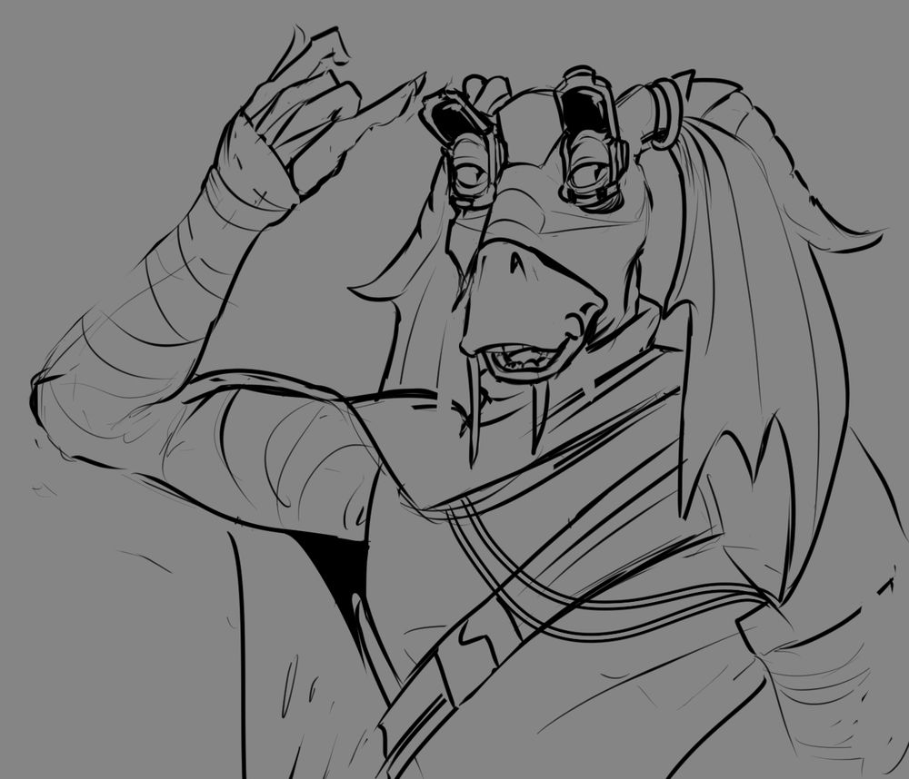 A sketch of a Gungan (from the Star Wars universe) wearing an outfit designed to keep him alive in the desert. He has a cloak around his shoulders, arms wrapped in fabric, a sort of balaclava covering everything but his mouth, eyes and ears, and two separate clamshell monocles (flipped up) over each eye. He has one arm raised with his pinkie sticking out, as if it just flipped up one of the lenses.