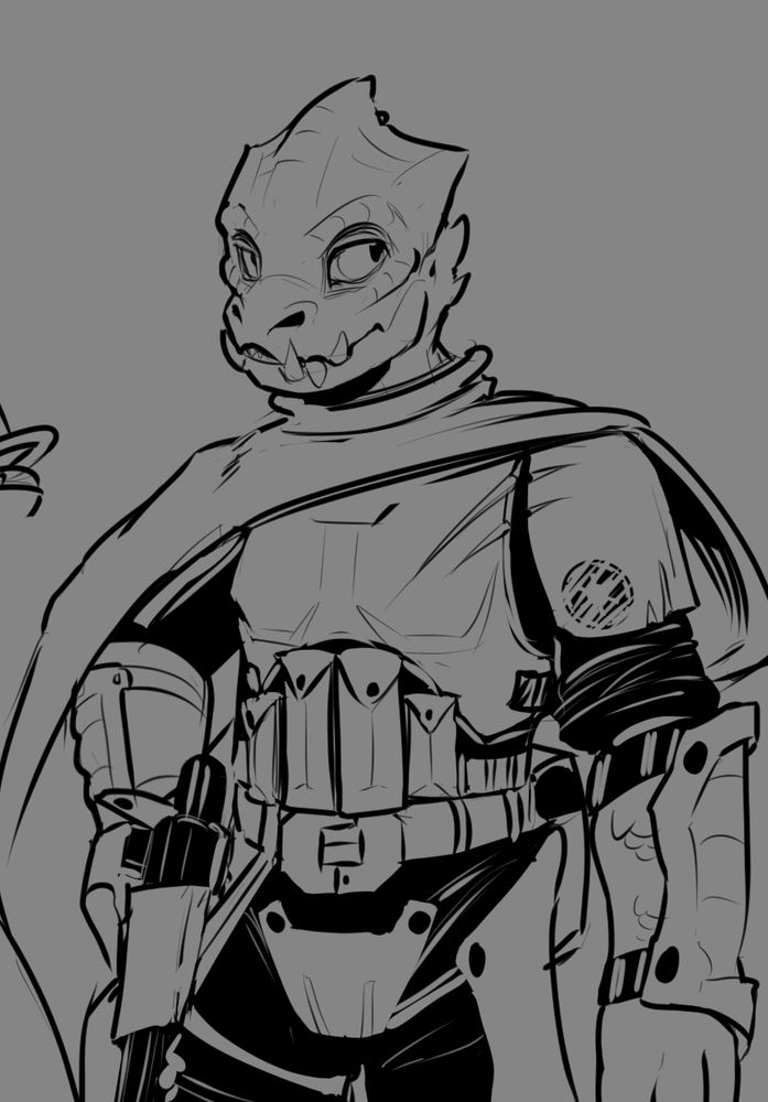A sketch of Kssharg (a Trandoshan also from Star Wars). He is looking serious with one hand on his blaster in holster. He is wearing his looted stormtrooper armour and a cloak.