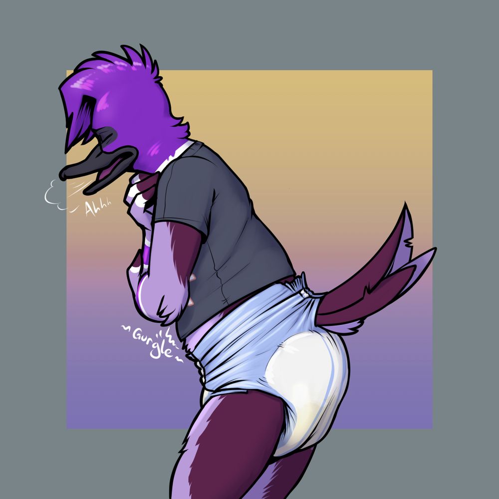 Continuation of the previous post. Dizzy is shown from the left side, facing left. He is slightly doubled over in apparent discomfort with his eyes closed, panting with his bill open. He is hugging his chest as his stomach audibly rumbles.