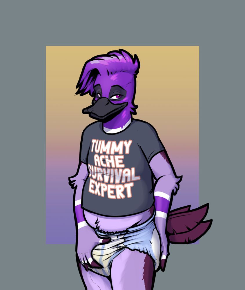 Coloured sketch of Dizzy (purple duck) standing in a wet diaper and grey t-shirt. The diaper has a blue border and two vertical matching stripes down the center. The shirt has bold white text with an orange border that reads "TUMMY ACHE SURVIVAL EXPERT" center-aligned. He looks confidently into the camera while stroking his butt with one hand and pinching some of the wet padding at the front with the other.