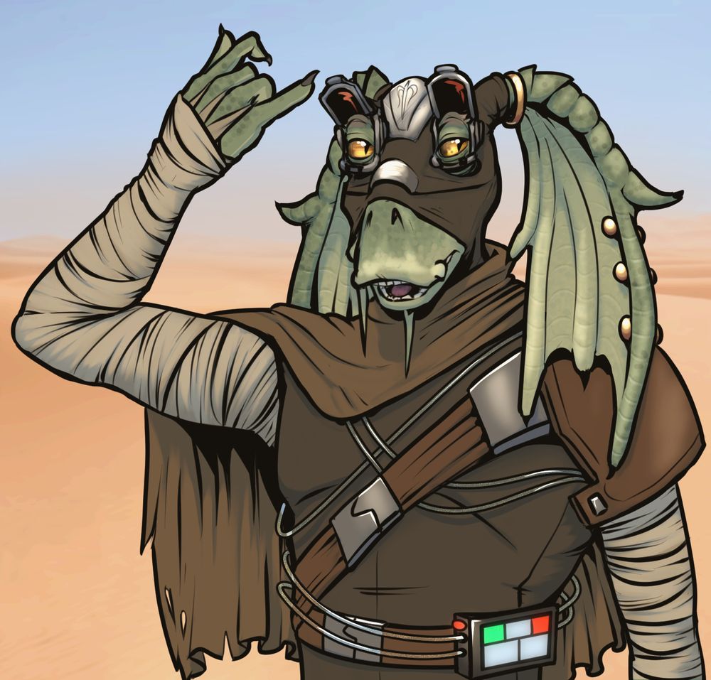 A coloured drawing of a Gungan (from Star Wars). He is standing in a desert wearing an outfit that covers most of his face and body in a variety of brown shades. His skin is an earthy green, contrasting with the red and yellow hued browns of his outfit. He is holding a hand up with a pinky held out, which had previously lifted the lenses of his two goggles (??? monocles?). A series of tubes connect to a device on his belt that delivers a constant drip of water to the underclothes against his skin.