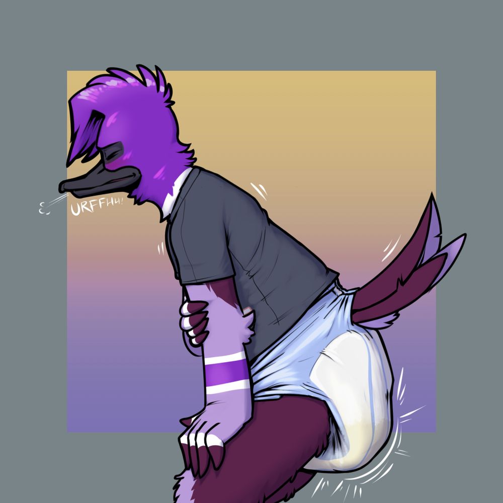 As before, but Dizzy is now squatting more, head still up as he exerts some effort, audibly grunting as braces himself on his knee with his hand, the other arm across his chest. His diaper is sagging down very visibly now as he fills it up completely in one moment.