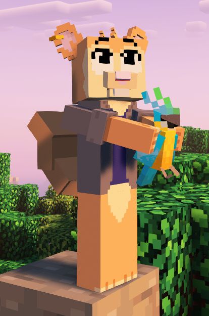 Minecraft screenshot showing a cartoon squirrel wearing a dark blue t-shirt under a grey overshirt. He is holding a parrot in his hands.