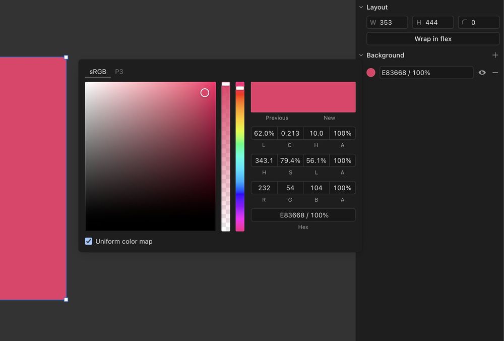 An advanced color picker inside a design tool called Paper, showing P3 and uniform color space capability