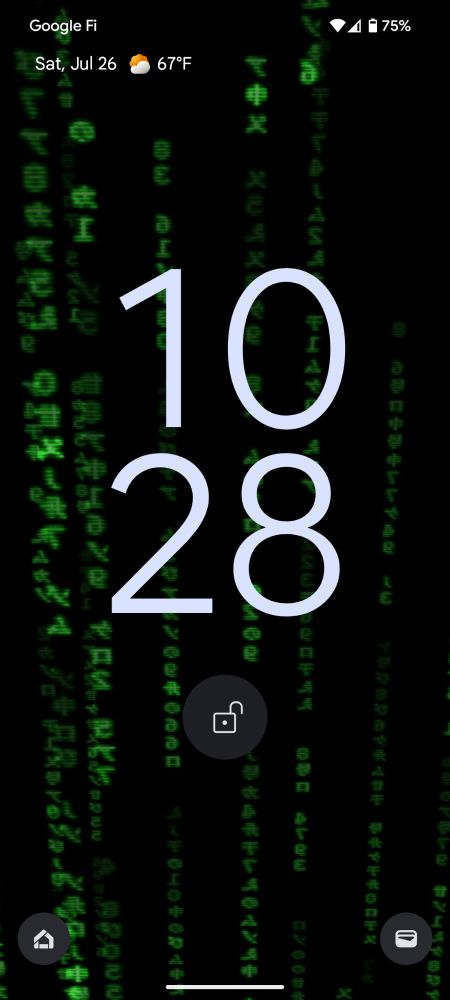 Lock screen with the Android version of jwz.org Matrix wallpaper running (part of x screen saver for Android I think)