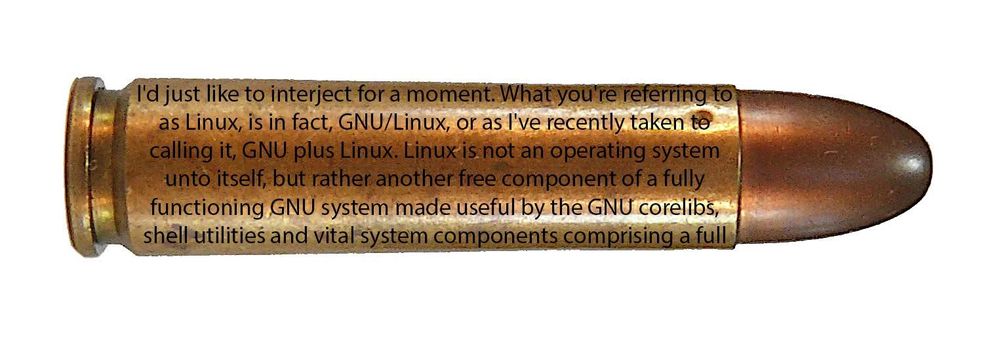 30 Carbine round with Stalman's GNU/Linux rant on it