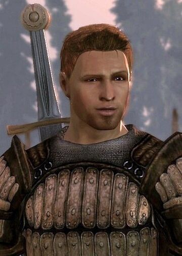 Alistair of Dragon Age. Chest up in brown armor, cocking an eyebrow 