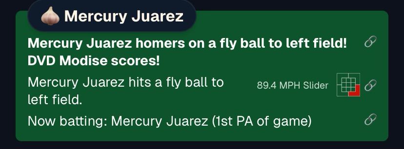 An mmolb game screenshot showing Mercury Juarez hitting a home run in which DVD Modise also scores