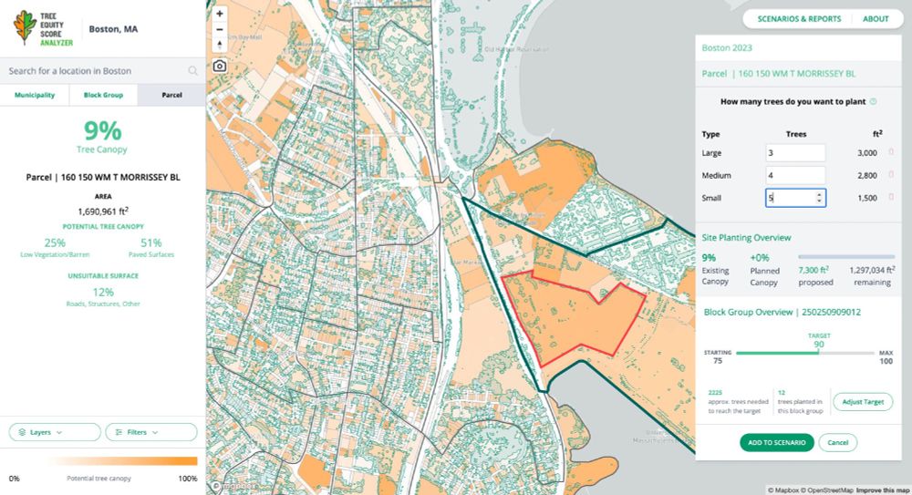Tree Equity Score national analyzer, Boston's planting scenario planner
