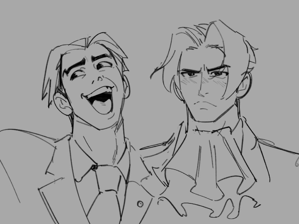 Phoenix Wright making a silly face, looking off to the left with his mouth wide open. Miles Edgeworth next to him blushing angrily. It’s basically the Barbie/Ken mugshot meme but unintentionally 