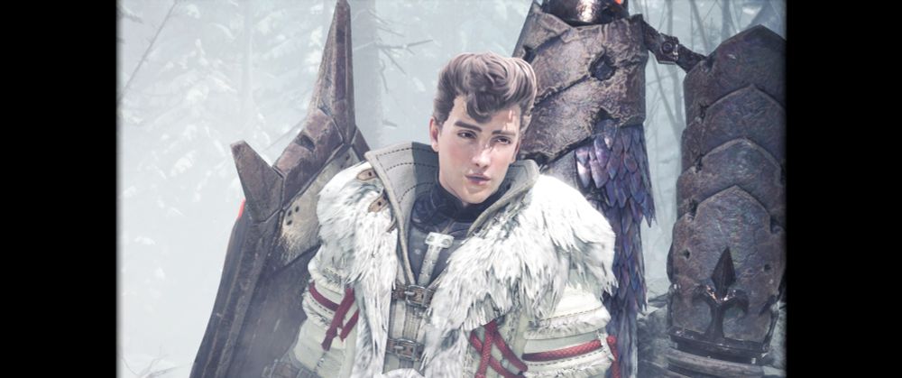 A pretty, light-haired male hunter from Monster Hunter World: Iceborne serving absolute face
