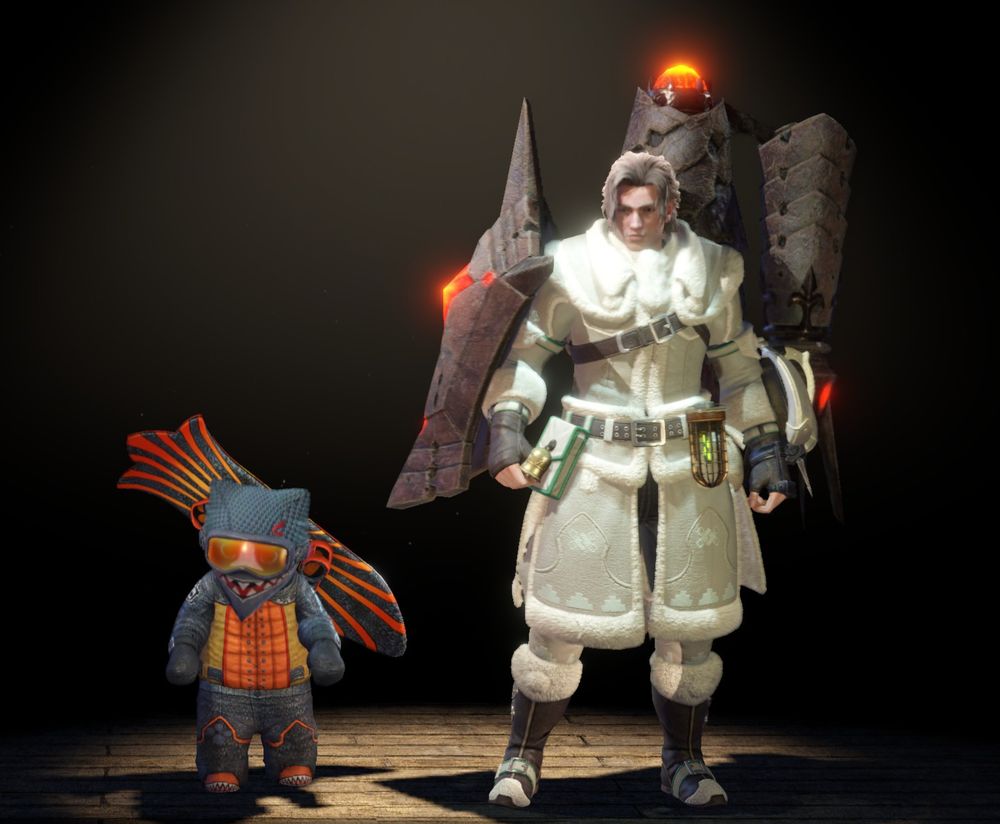 My very pretty MHW:I hunter and his palico