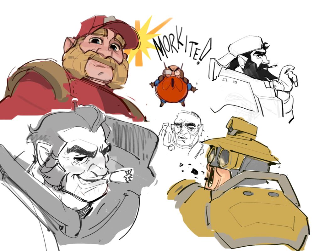 various portraits of the dwarf characters from the game Deep Rock Galactic. Clockwise starting from top right is my bearded OC gunner, bottom right in yellow is the driller, bottom left is the gunner, and top left is the engineer. in the middle are a tiny version of the scout and a sketch of mission control.