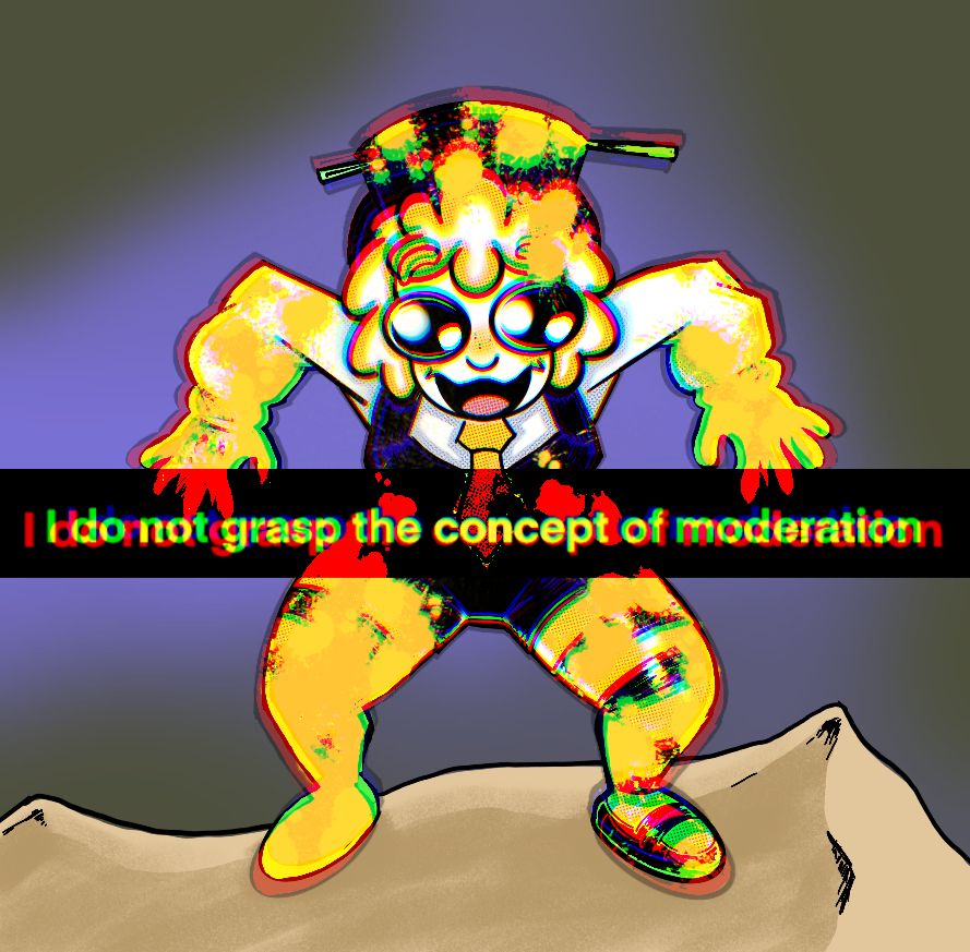 Beatriz covered in honey, with cromatic aberration all over the place along with the caption: I do not grasp the concept of moderation
