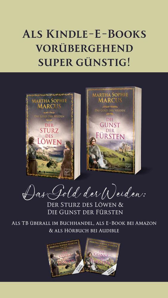 Die Cover der Romane "Der Sturz des Löwen" und "Die Gunst der Fürsten" von Martha Sophie Marcus. 