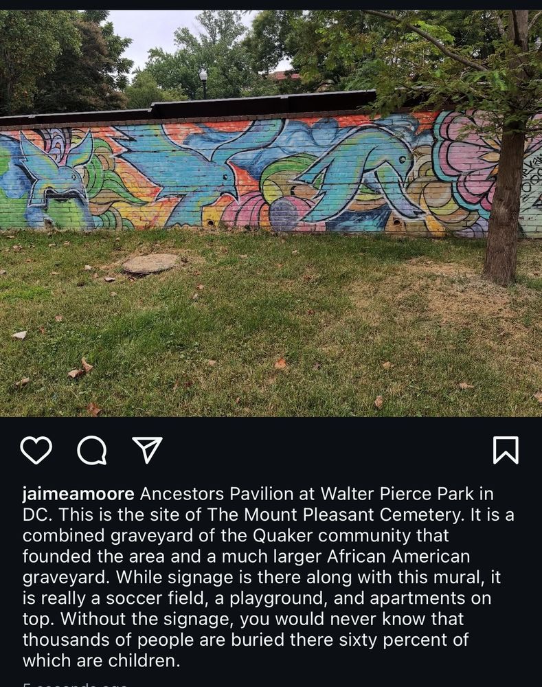 Ancestors Pavilion at Walter Pierce Park in
DC. This is the site of The Mount Pleasant Cemetery. It is a combined graveyard of the Quaker community that founded the area and a much larger African American graveyard. While signage is there along with this mural, it is really a soccer field, a playground, and apartments on top. Without the signage, you would never know that thousands of people are buried there sixty percent of which are children.