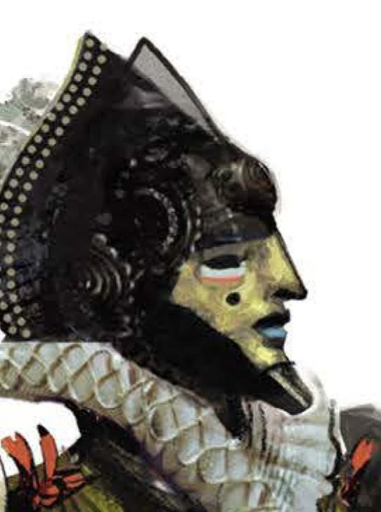 Closeup of concept art for Inquisition of an Orlesian mask with accompanying ruffled collar.