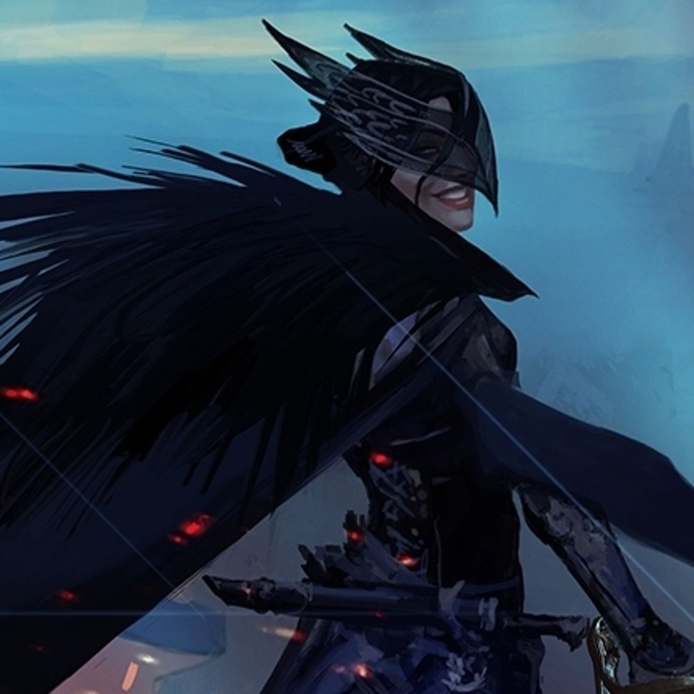 DATV concept art of a smiling  Antivan Crow, upper face concealed with a Corvid mask.