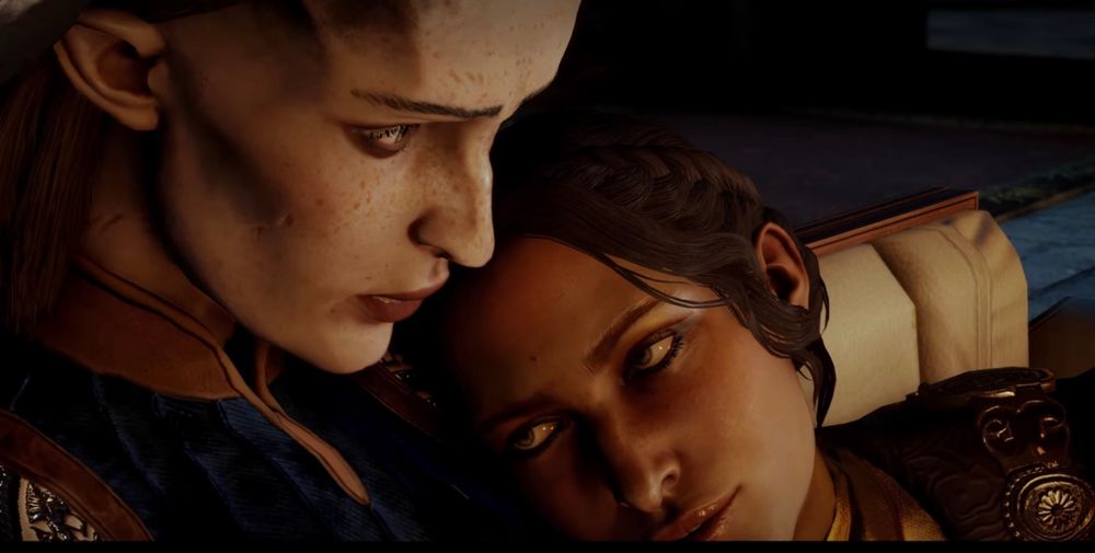 Josephine Montilyet leans against and looks longingly at Qunari Inquisitor Louise Adaar.