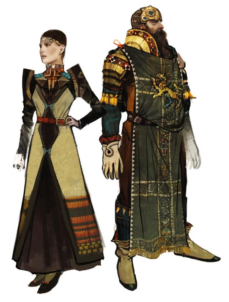 Concept art of Ferelden lords, patterns sewn unit their robes.