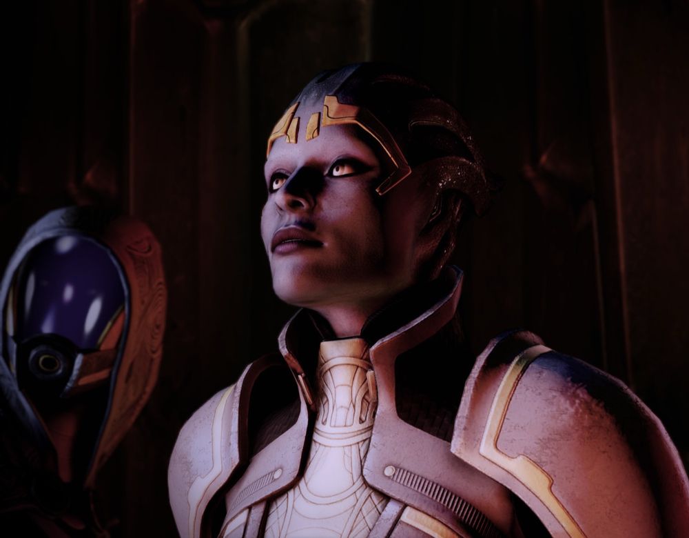 Samara and Tali in Mass Effect 2. Samara in a modded armor.