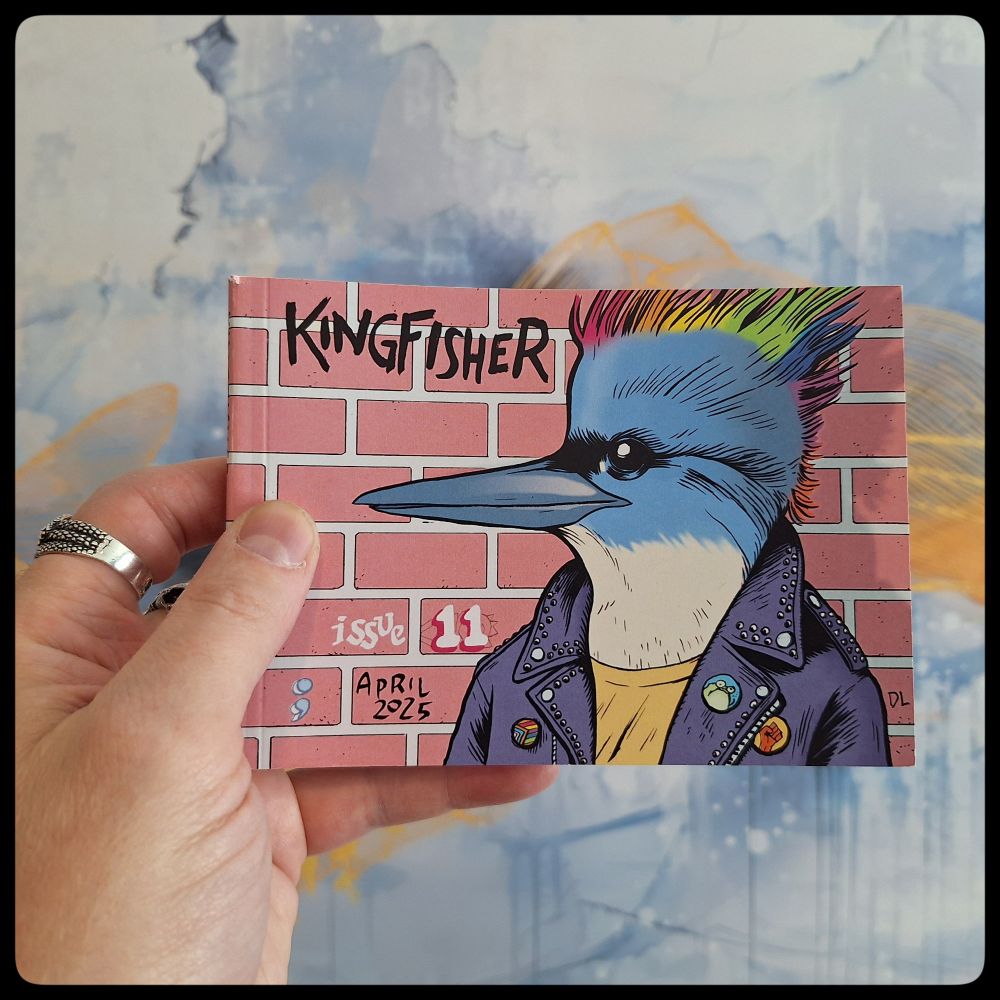 Cover of Kingfisher, issue 11, with an illustrious by David Lasky of a kingfisher with a colored mohawk and punk jacket
