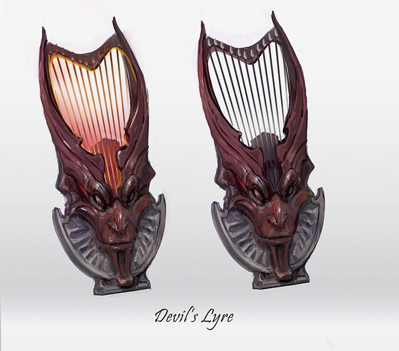 A lyre carved out of wood and half varnished in a deep red in the image of a devil.