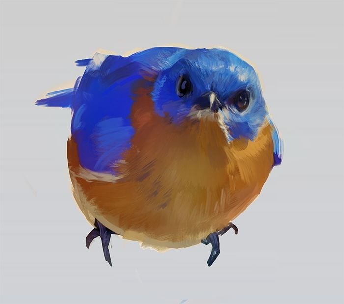 A painting of a blue bird looking very disgruntled.