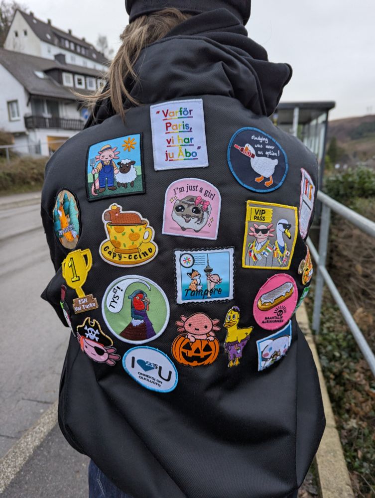 Rückansicht einer Person, die eine schwarze Jacke trägt. Auf der Jacke sind viele bunte Aufnäher, unter anderem mit einem Axolotl und mit finnischem Text. 