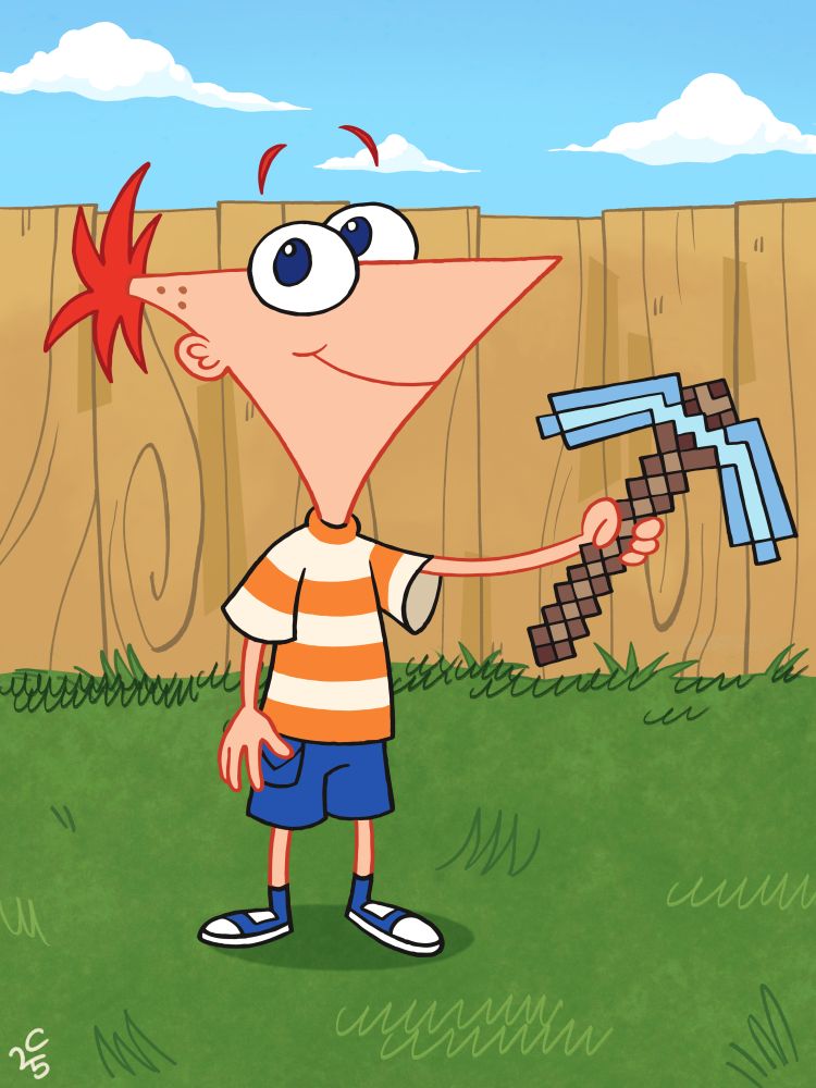 Phineas from 'Phineas and Ferb' looking joyful while standing in his backyard, holding a Minecraft diamond pickaxe.