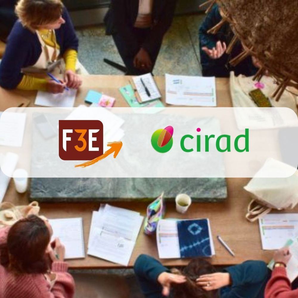 Un groupe d'adultes assis-e-s autour d'une table travaillant ensemble. Logos du F3E et du Cirad au milieu