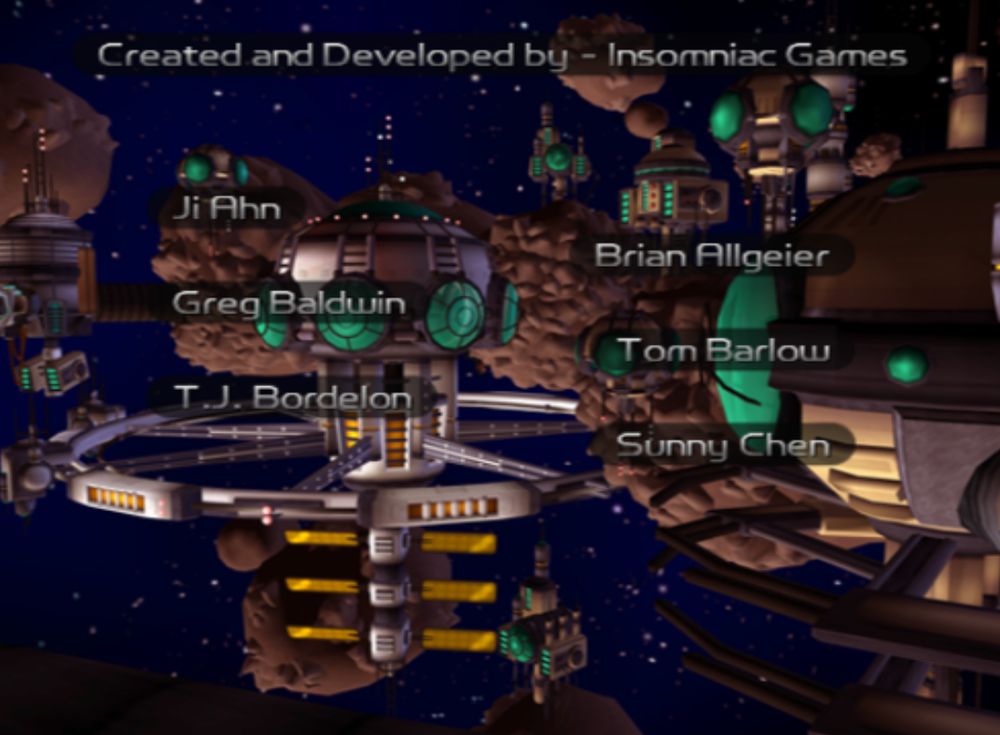 credits screen for ratchet and clank, depicting a deep space station with the developer names over it