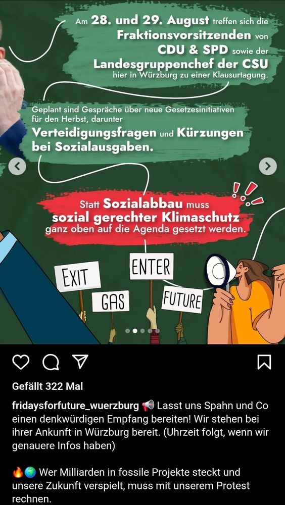 Miersch, Hoffmann, Spahn u. a. kommen zum zweitägigen Koalitionsgipfel nach Würzburg, vormittags am 28.08.2025. Fridays4future bereiten einen Demo-Empfang vor, und bitten um Anschluß. Man möge Corona-Masken mitbringen, wenn möglich. Es handelt sich um eine Klausurtagung für die Herbst-Gesetzgebung der Koalition BlackRot, deren Rahmenbedingungen durch Merz schon sehr zum negativen gedrängt wurden. 