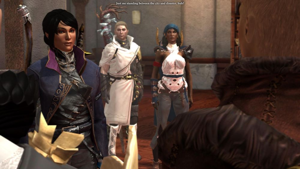 Rika in the Viscount’s Keep. She’s speaking with King Alistair as Advisor Teagan, Anders, and Isabela look on. Rika has a knowing smile and says, “Just me standing between the city and disaster, huh?”