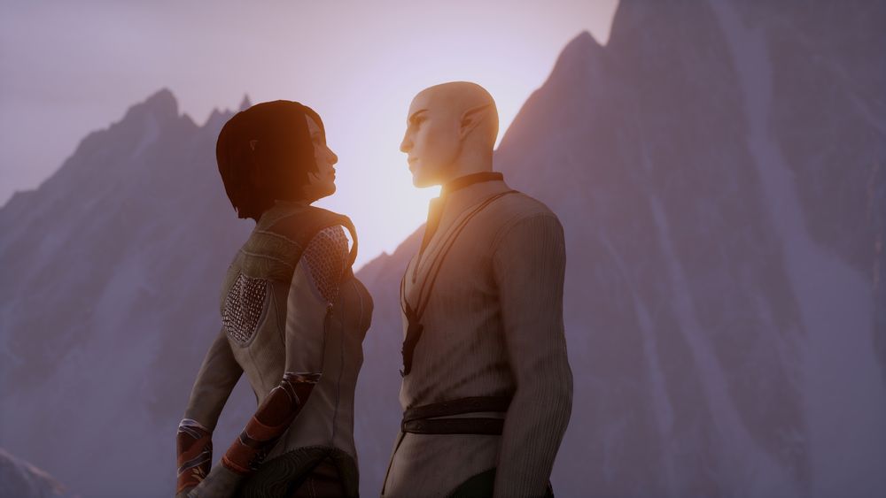 Aleine and Solas on the balcony at Skyhold. She’s staring up at him with her hands clasped behind her back; his expression is unreadable. They are framed by pale mountains, with the sun behind their heads like a halo. 