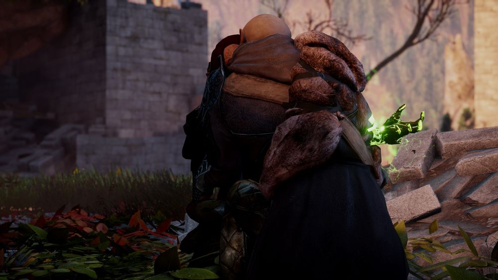 Aleine and Solas at the end of Trespasser. They are kneeling together on the ground, Solas’ body eclipsing Aleine’s, and sharing one last kiss. Aleine’s hand with the anchor is painfully dissolving, spitting angry green lightning to the right of the frame.