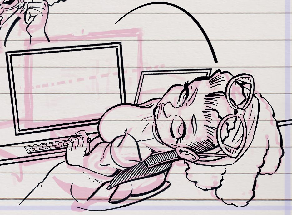 Willa, at her desk, leans WAY back in her chair to the point where she's almost reclined, hair flopping back, and she's glaring right at the viewer. Maybe she's annoyed at being interrupted, or perhaps you said something to her that demands some explaination