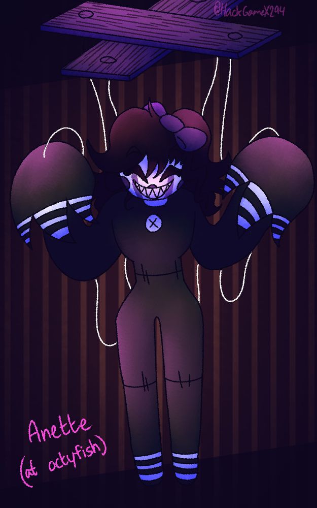 Anette is being held up by puppet strings from floating planks.