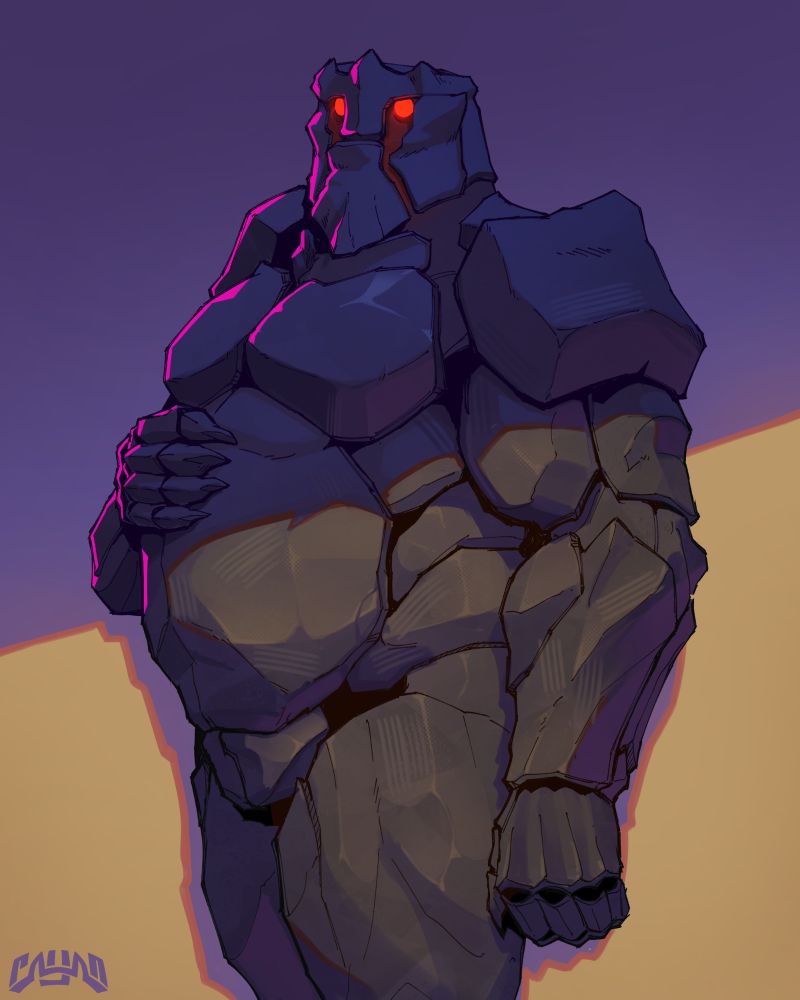 Big alien rock, standing naked on almost a 90° angle to the viewer & showing off his general bulky body down to his knees.

No genitals are visible, and a shade is thrown just above the height of his bell, making everything above the line stand in a shadow.