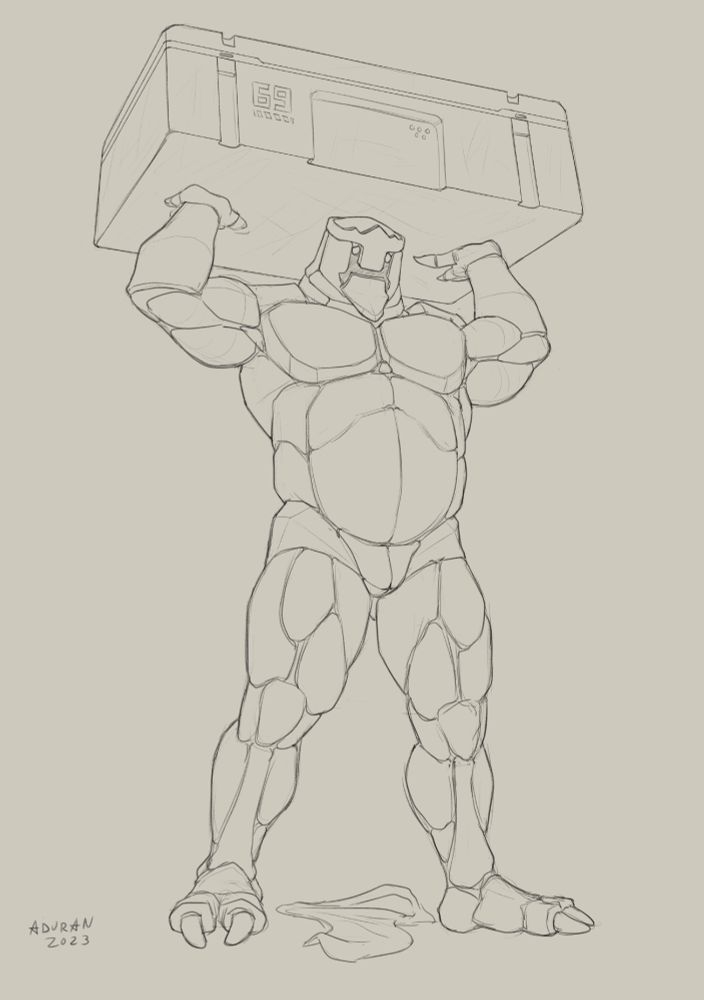 Big anthro-Rock alien Xárian lifting up a big & heavy box labeled with the number "69" above his head with both his hands.
As both his hands are busy holding the box, his flimsy loincloth fell off onto the ground beneath him, exposing him and his mostly featureless crotch as well.
He's looking down in a shy/pensive looking expression as he accidentally fully exposed himself.