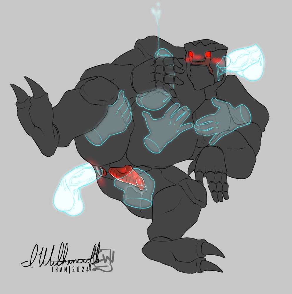 Big Male Alien rock creature laying naked on his side showing off his all over hard body except for his soft erect, red alien dick with lots of ridges & his spread butt. 

On this version of the image there are various "ghost" (anonymous) hands gently groping & molesting the big alien all over his body and dick. There are also multiple "ghost" dicks, one fucking him while one is getting jerked off.