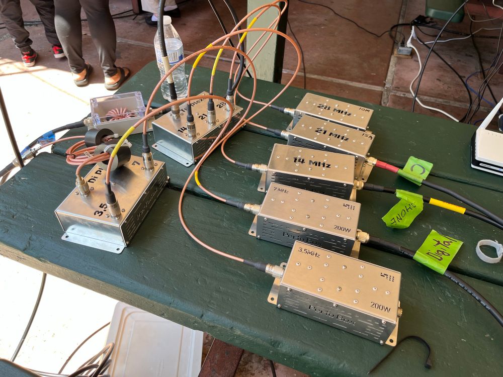 Several metal boxes marked with 7 MHz, 14 MHz, etc. and connected with coax cables. This setup rests on a green wooden table top. 