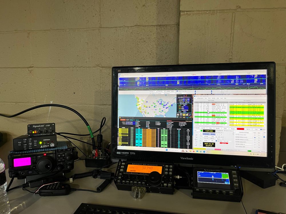 Yaesu FT-897 for transmitting, Elecraft KX3 for transmitting, Elecraft PX3 for waterfall, and plenty of PC software windows on monitor for finding strong stations, and graphical display to see whom were talking too. 