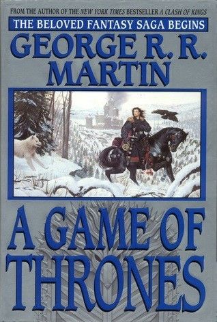 Color illustration of rider on a black horse being followed by a white wolf through a snowy landscape with a castle in the background; title “A Game of Thrones” by George R.R. Martin