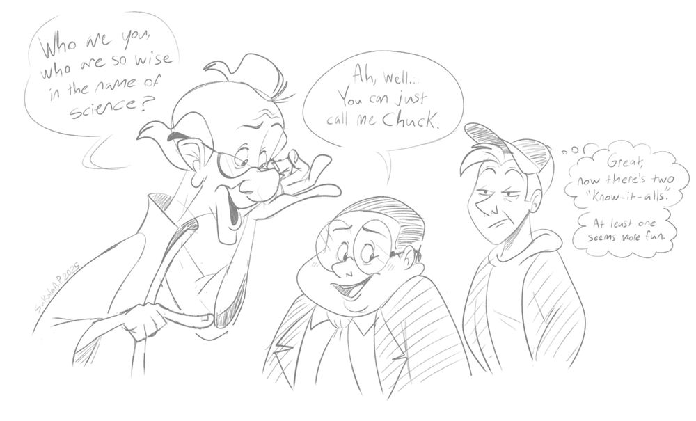 Professor MacKrill, who was voiced by the late Terry Jones in the movie, basically praising Chuck's mathematic capabilities by saying a line from Monty Python & The Holy Grail. Meanwhile Fly is basically third wheeling at this point.