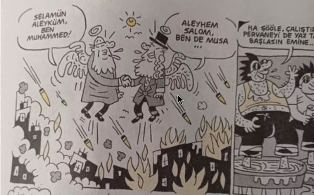 A comic strip showing two dead people’s souls rising to the sky, on the background of a war scene with bombs and fire. One on the left says “Hello, I’m Muhammad” and the other says “Hello, I’m Moses”. 