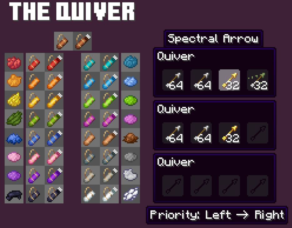 The quiver with its 16 Dyed variations and a mock item GUI